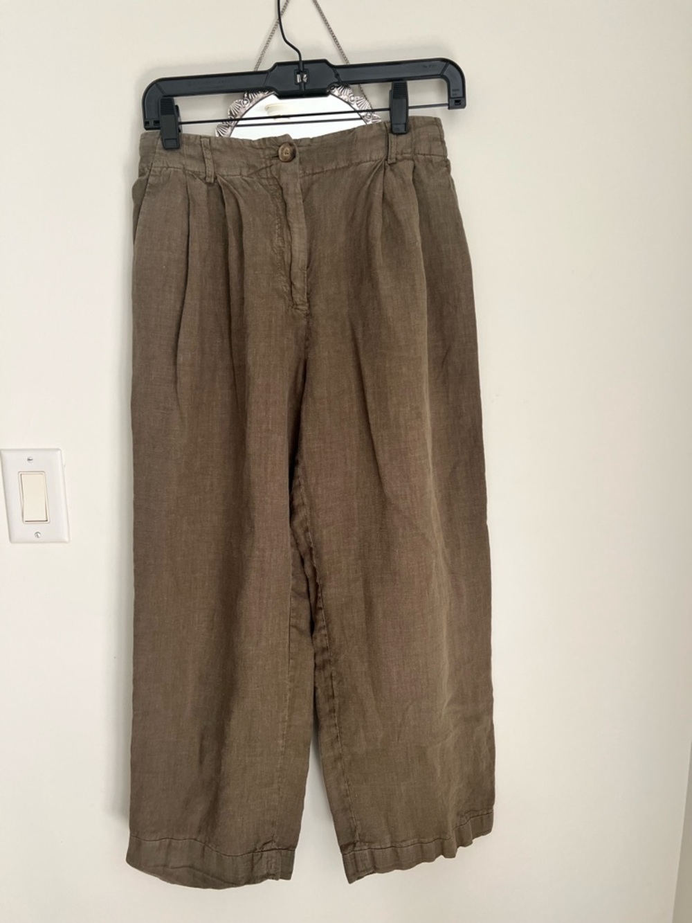 Massimo Dutti Olive Brown Cropped Linen Trousers
